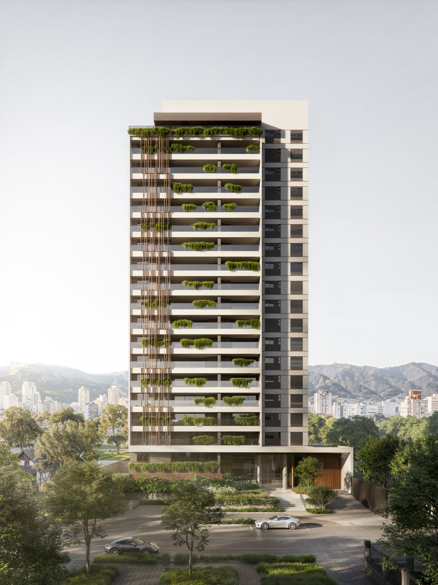 Fachada do Hausgarten: torre com brises de madeira e vegetação nas sacadas